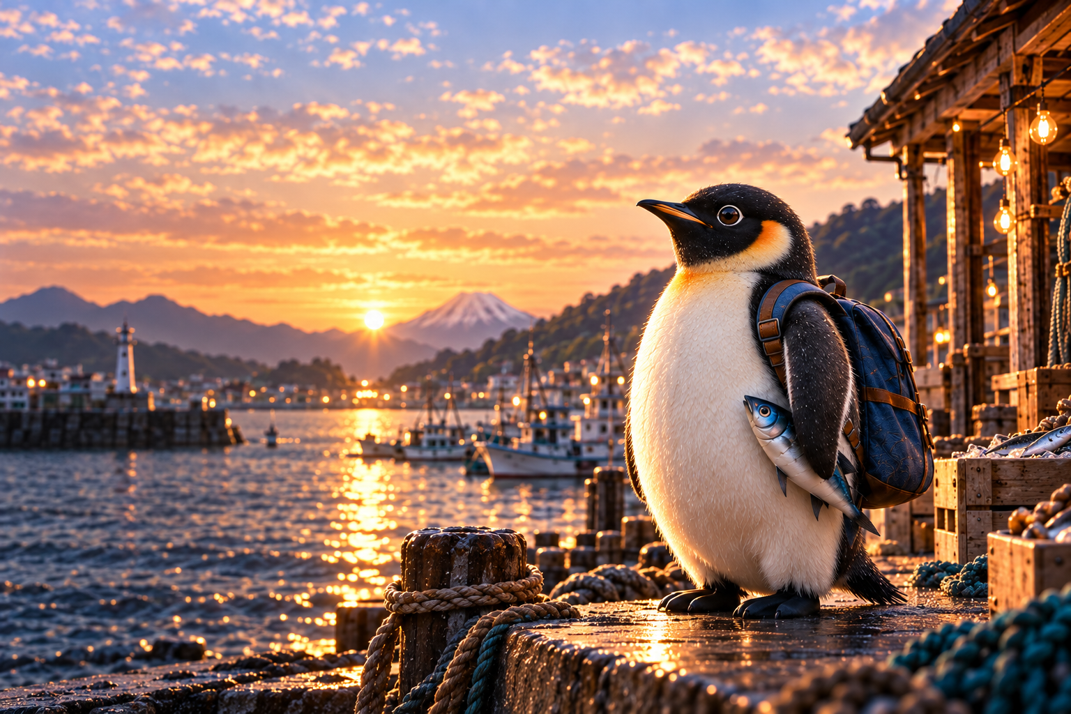 An artistic portrait of a penguin with a blue canvas backpack with brown leather straps beside a Japanese fishing harbor at sunset